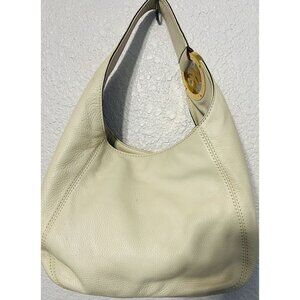 Vtg Michael Kors Cream Pebbled Leather Hobo Bag Large Gold-tone MK‎ Logo READ